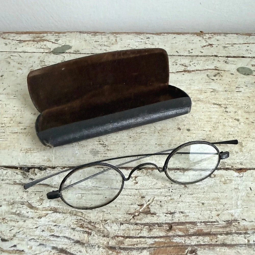 Antique Wire Rim Spectacles Oval Glasses Black Metal Frame Vintage Case 1900s
